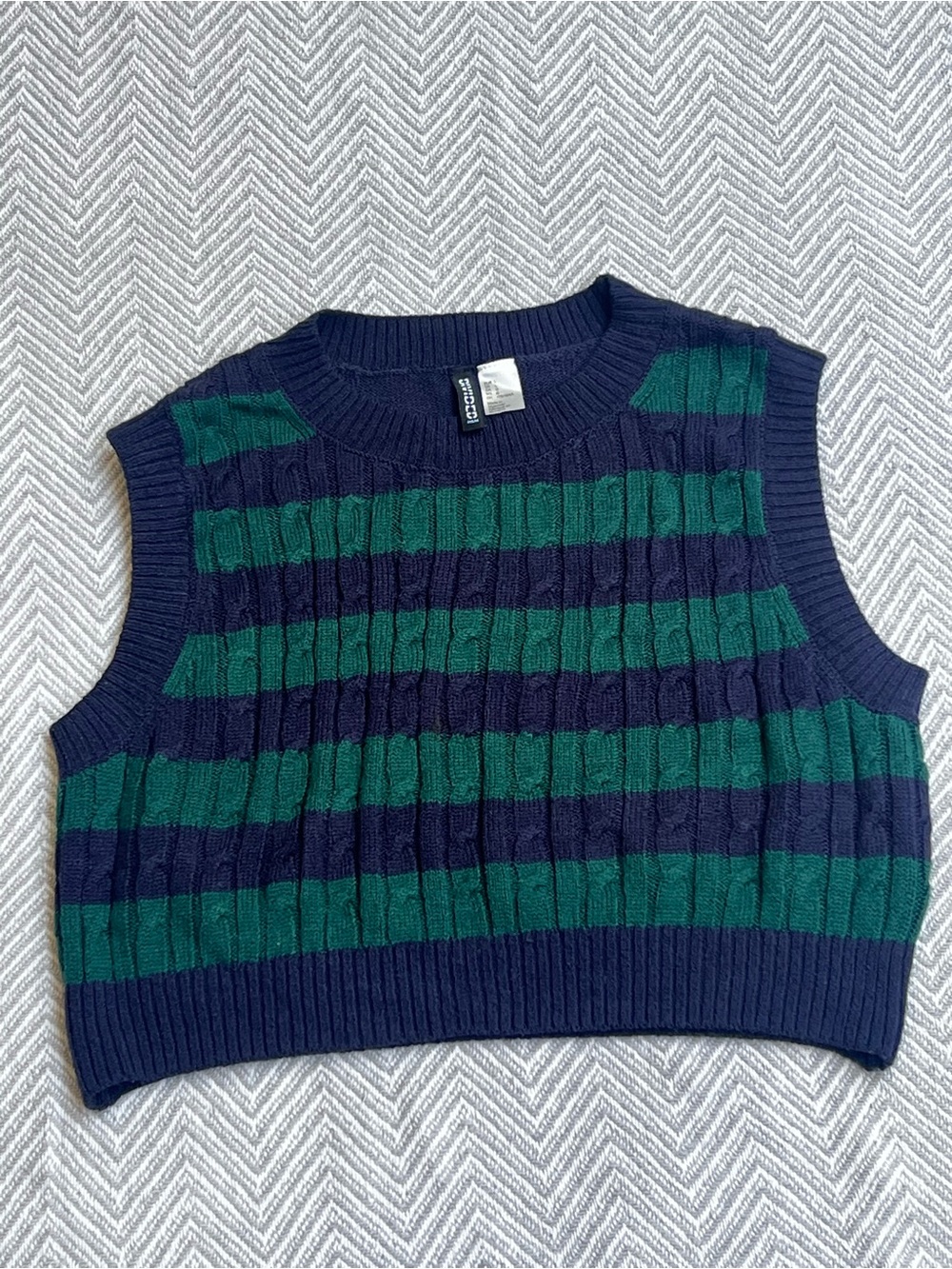H&M Navy and Green Striped Knit Crewneck Vest